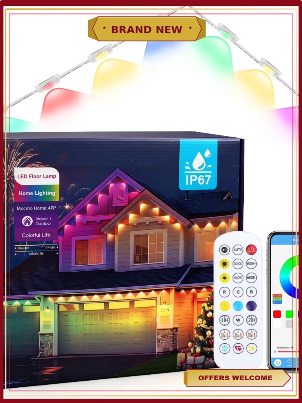 50ft Outdoor Smart LED Lights RGBIC Voice Control App IP67 Durable